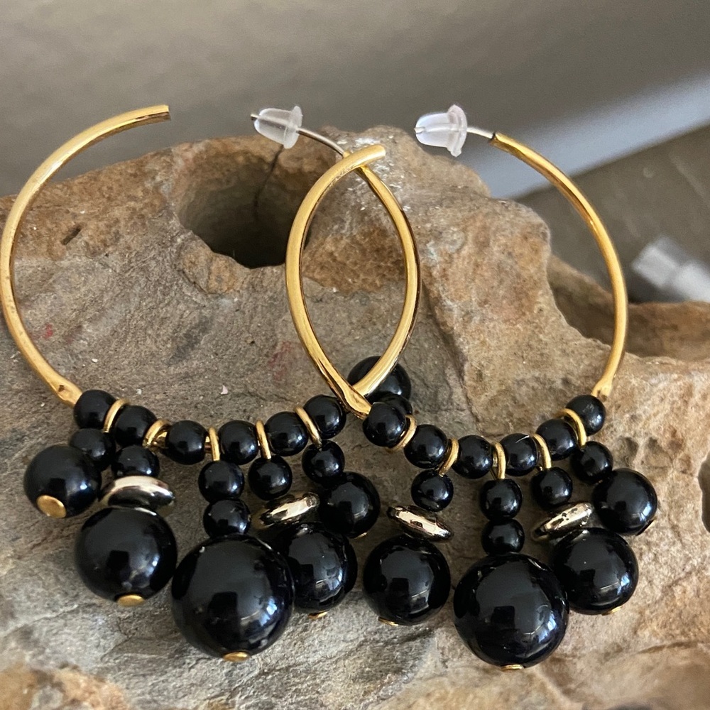 Vintage Gold Hoop Earrings with Black Bead Dangles